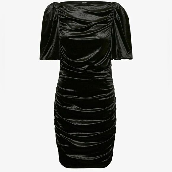 Vero Moda Black Velvet Boat Neck Ruched Puff Sleeve Cocktail Dress Size Medium - Picture 2 of 15